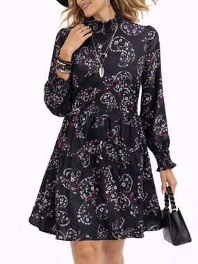 Loft Petites Black Paisley Smocked High Neck Fit Flare Mini Dress 4P Long Sleeve